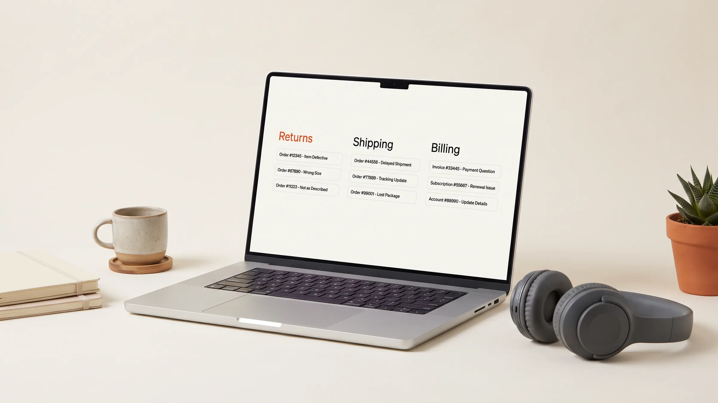 A laptop showing a support inbox triaged into queues, beside a headset