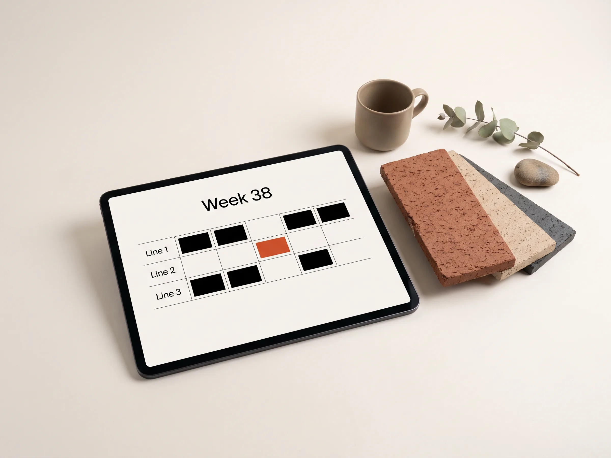 A tablet showing a production schedule beside brick-cladding sample tiles