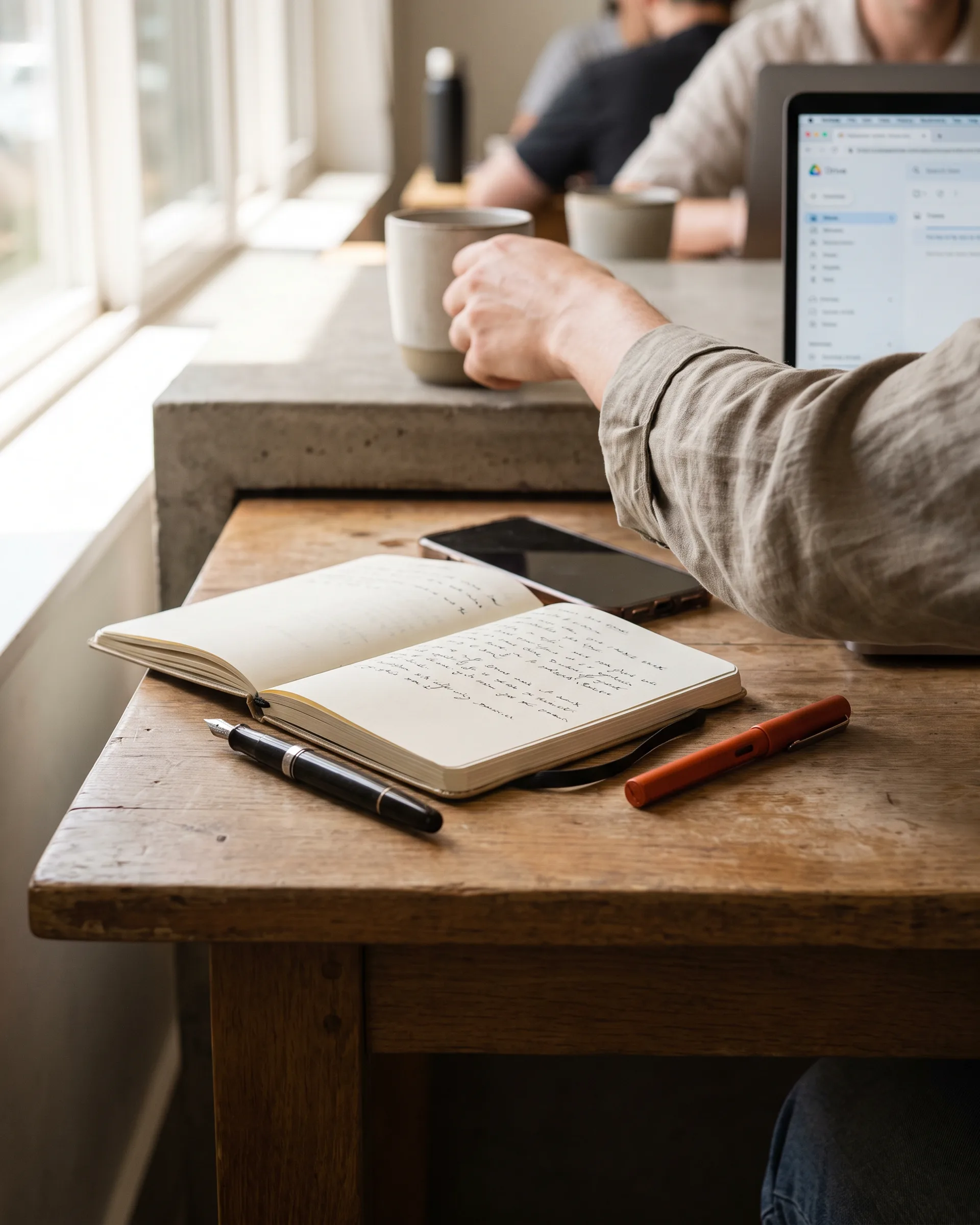 A quiet wooden desk in morning light with a notebook, a pen and a phone