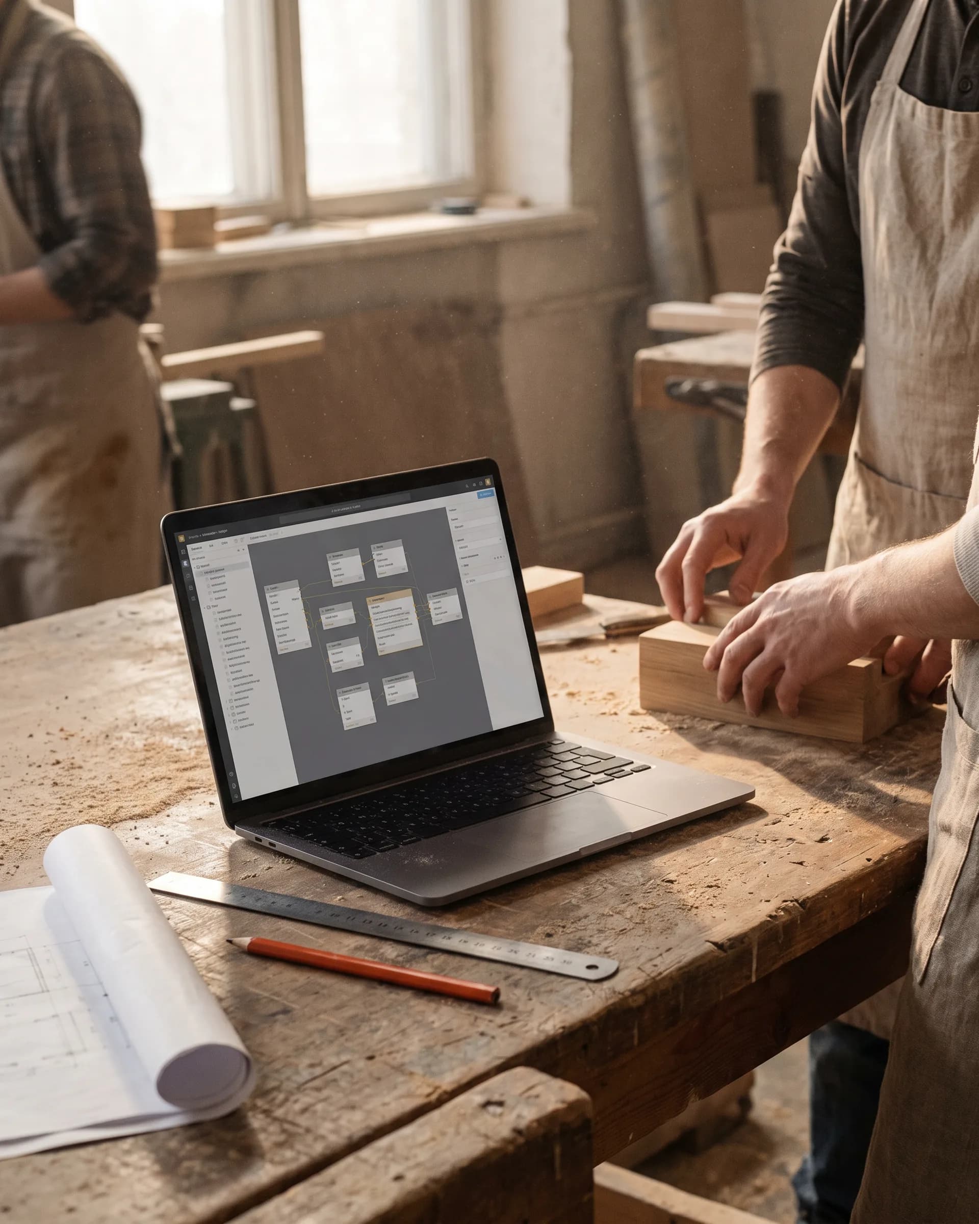 A laptop on a workshop bench showing a node-based automation editor