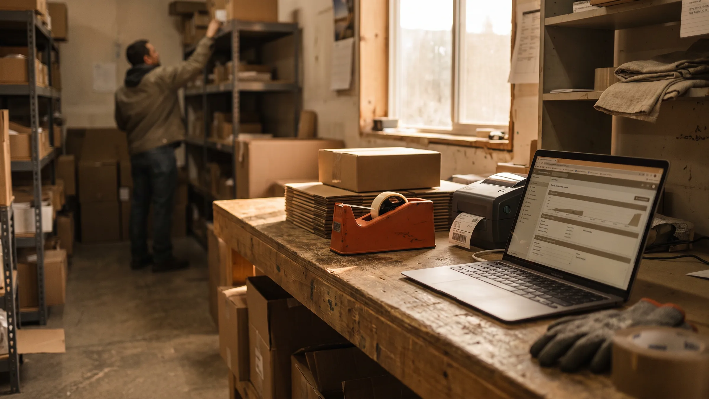 A small distribution business's back office, with a packing bench and a laptop running an inventory app