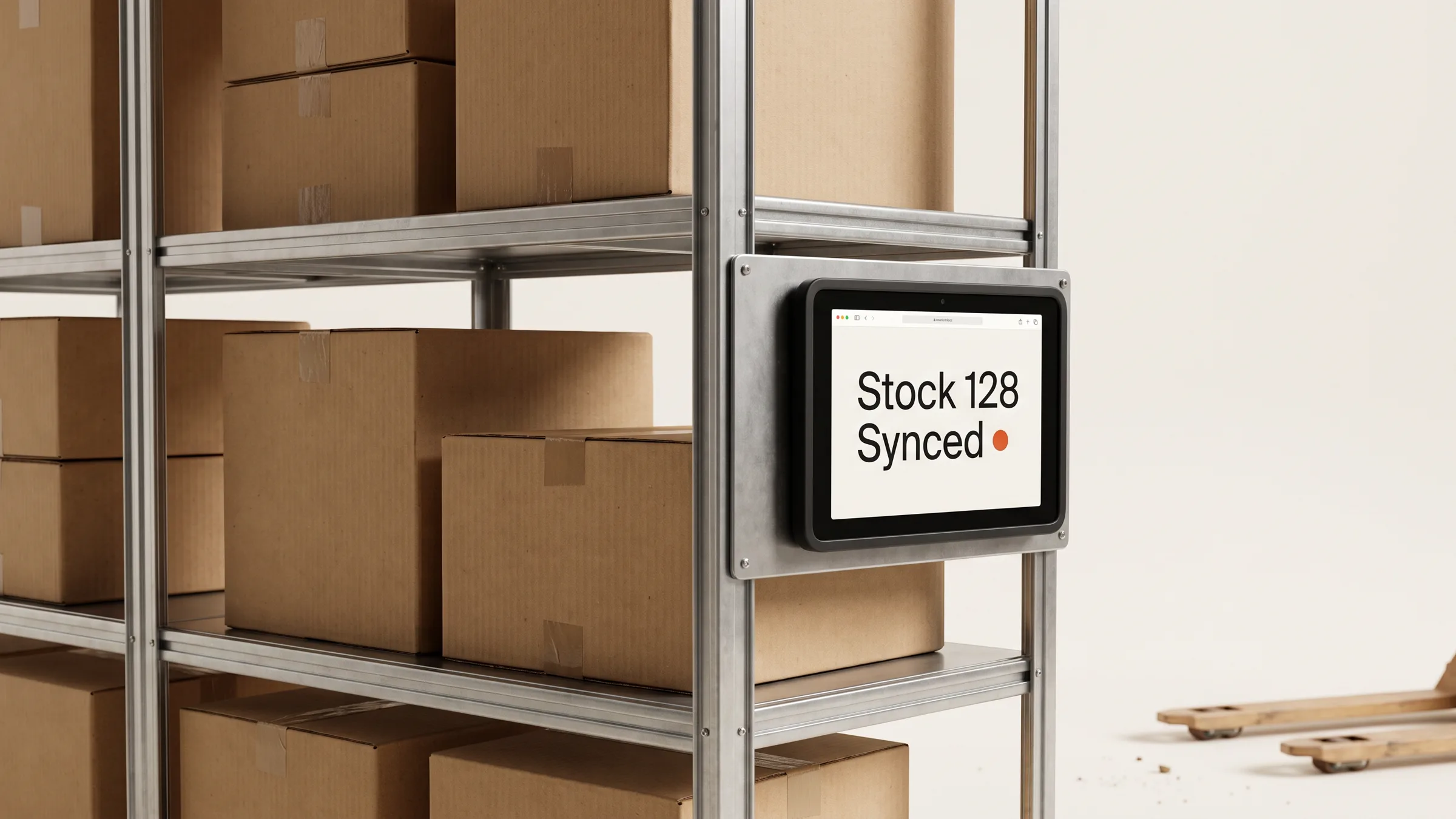 Warehouse shelving with a tablet on the shelf end showing matching stock counts