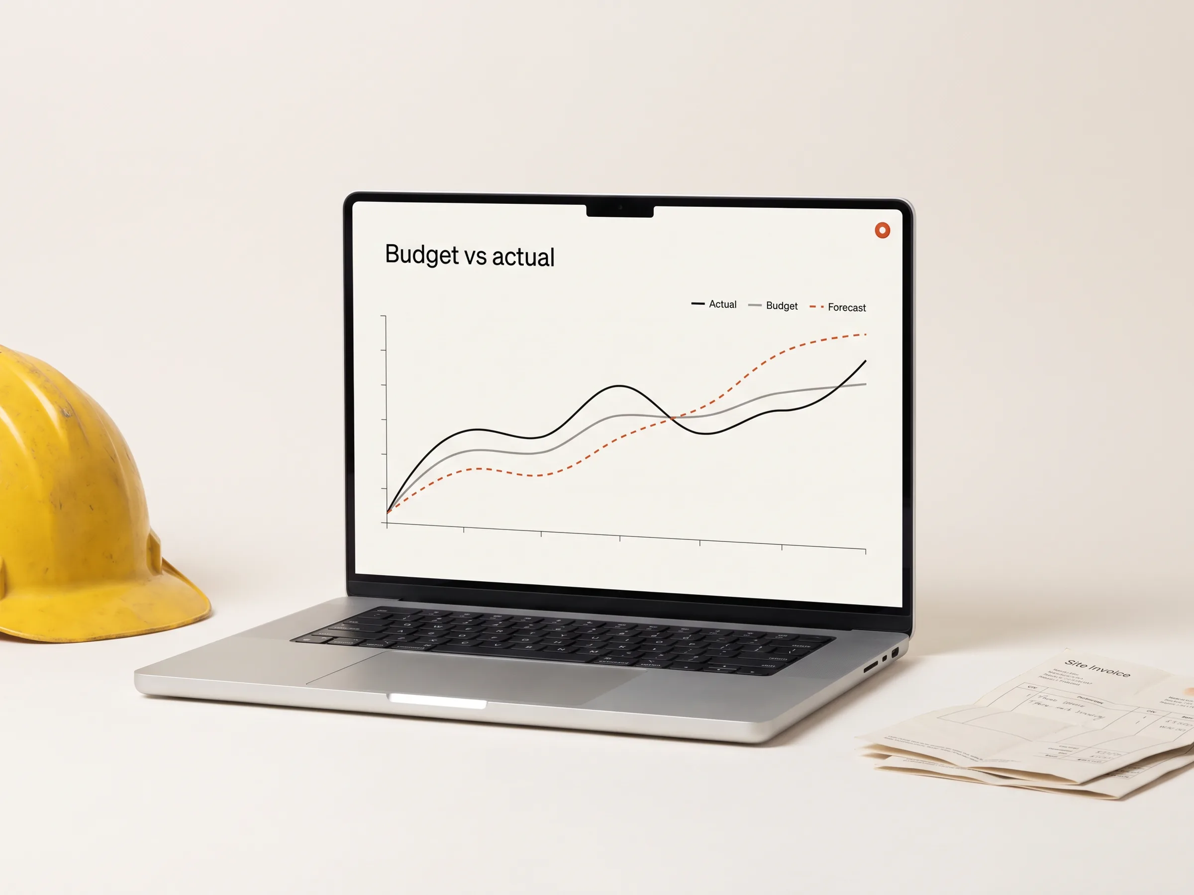 A laptop showing budget against actual with a forecast band, beside a hard hat