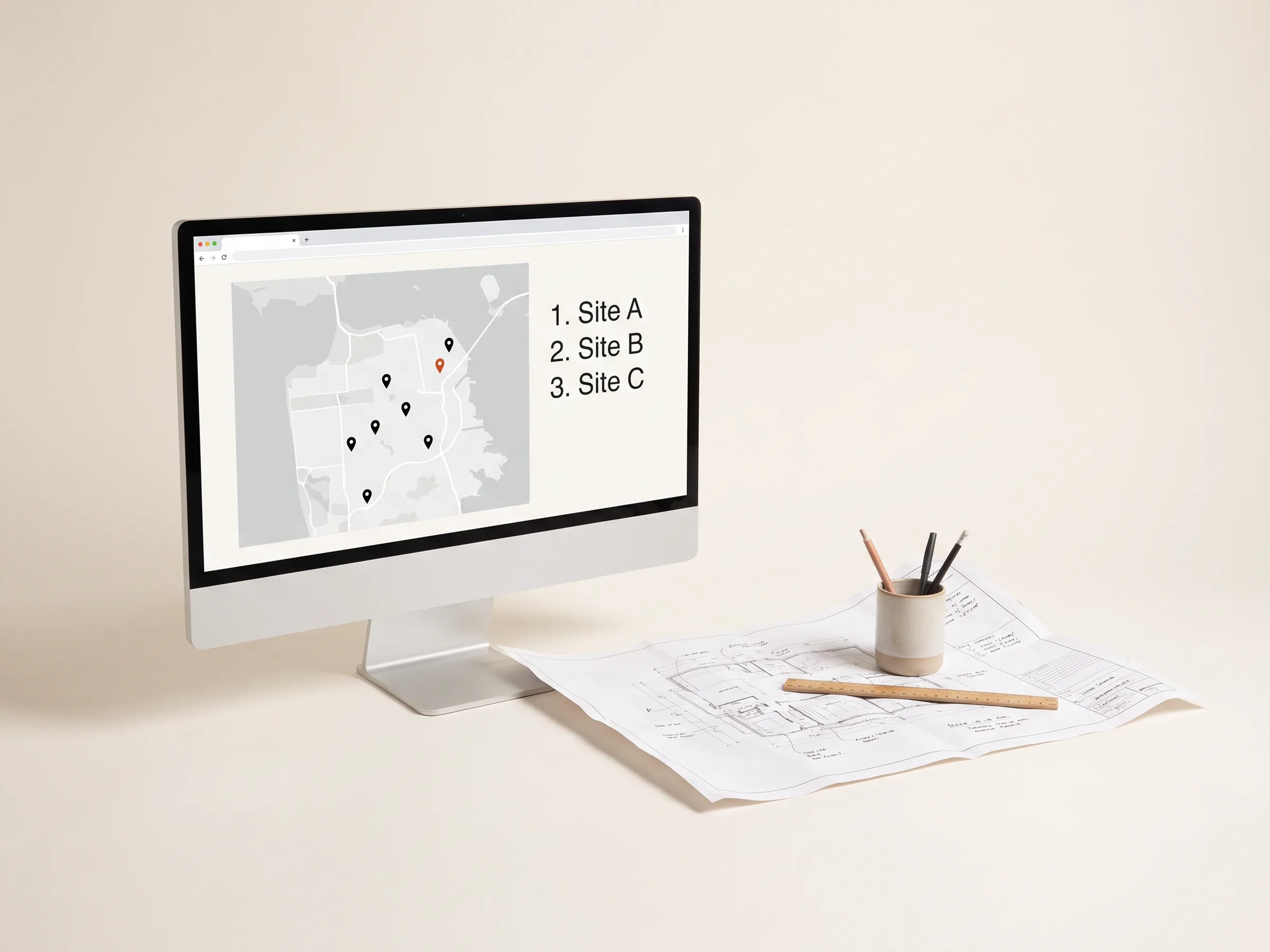 A monitor showing a map of land parcels and a ranked deal list beside a site plan