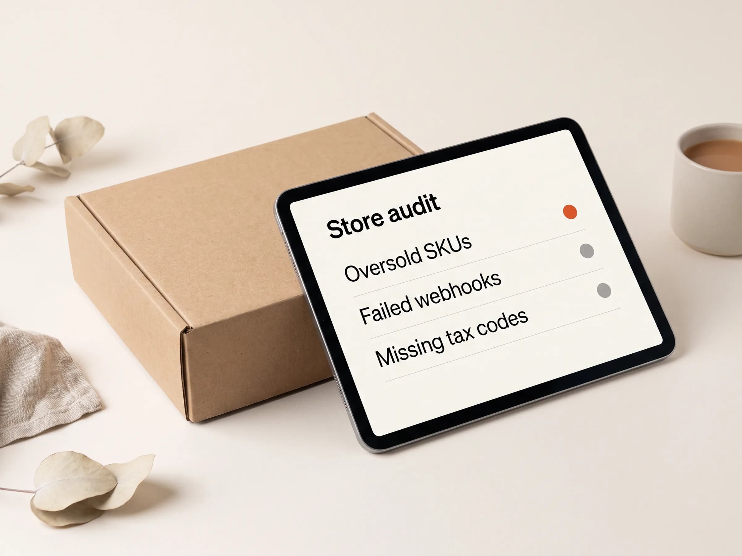 A tablet showing an audit report of flagged issues beside a product box