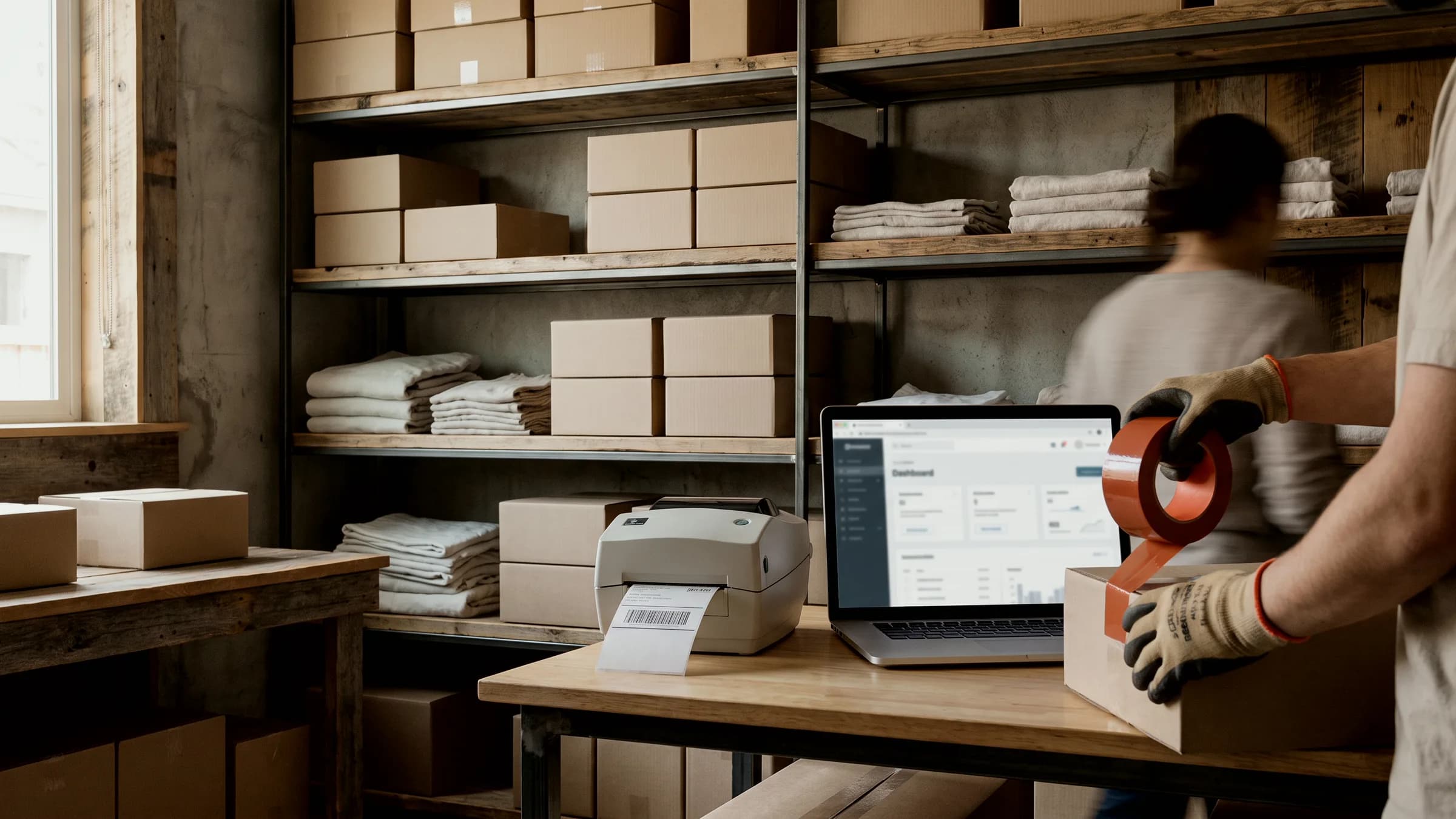 A small ecommerce fulfilment room with shelves of boxed products and a label printing