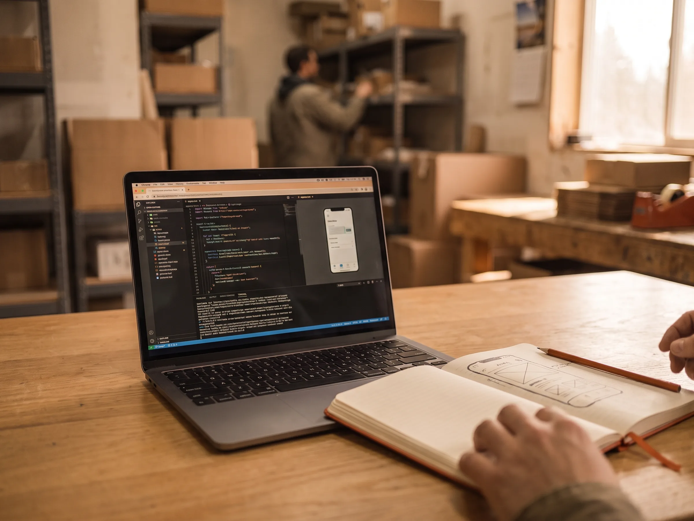 A laptop showing a code editor beside a small internal app preview