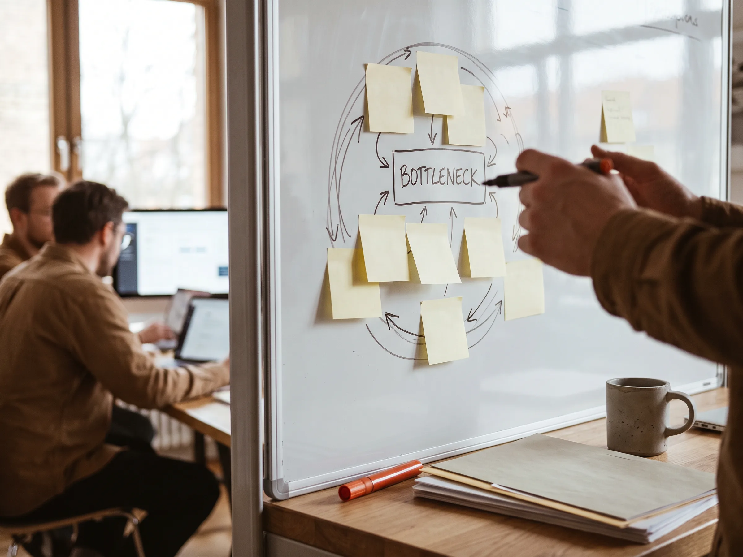 A whiteboard process map with sticky notes clustered at one bottleneck