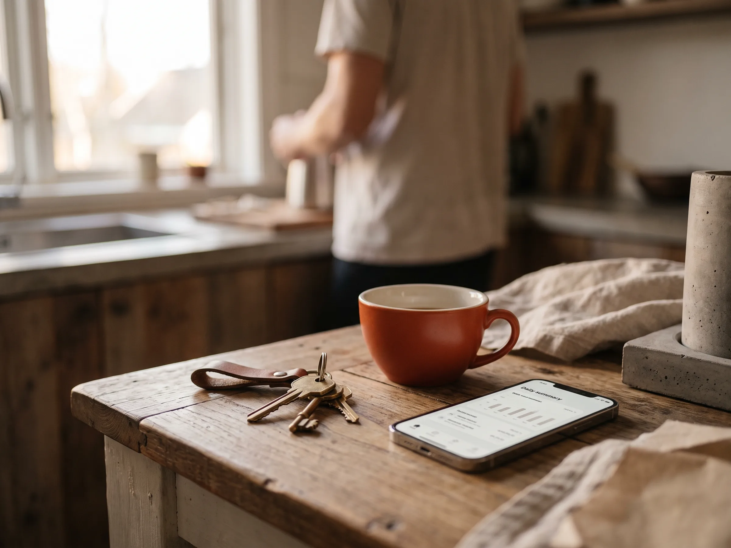 A phone on a kitchen counter showing a daily summary, beside keys and a coffee cup